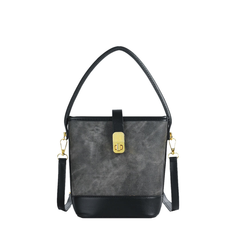 Elegant solid color faux leather bucket bag with adjustable shoulder strap - Women's multifunctional crossbody handbag, lightweight with zipper closure-8802
