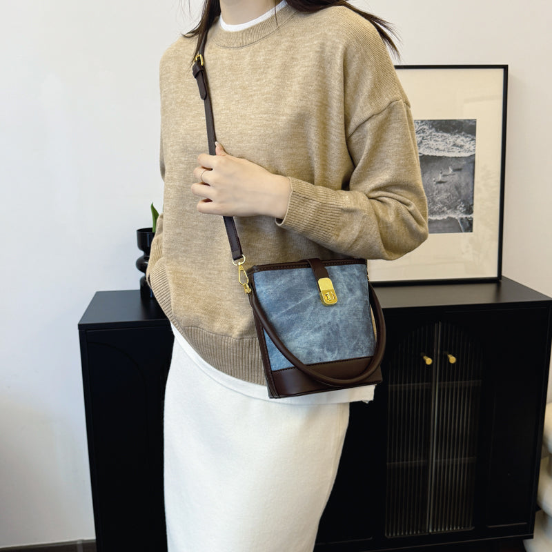 Elegant solid color faux leather bucket bag with adjustable shoulder strap - Women's multifunctional crossbody handbag, lightweight with zipper closure-8802