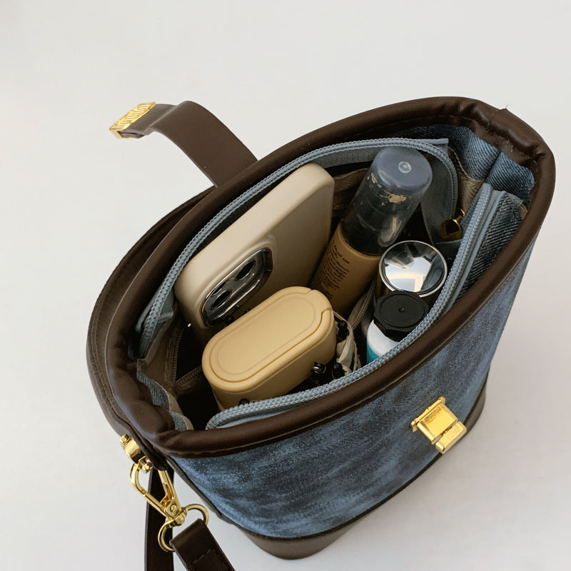 Elegant solid color faux leather bucket bag with adjustable shoulder strap - Women's multifunctional crossbody handbag, lightweight with zipper closure-8802