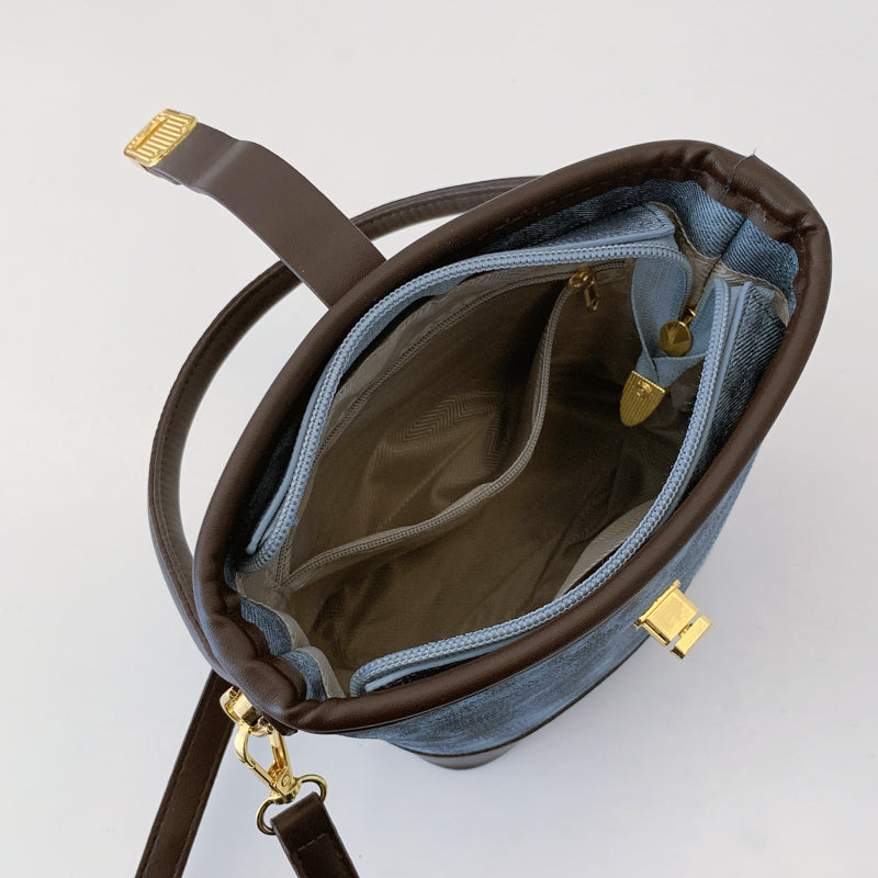 Elegant solid color faux leather bucket bag with adjustable shoulder strap - Women's multifunctional crossbody handbag, lightweight with zipper closure-8802