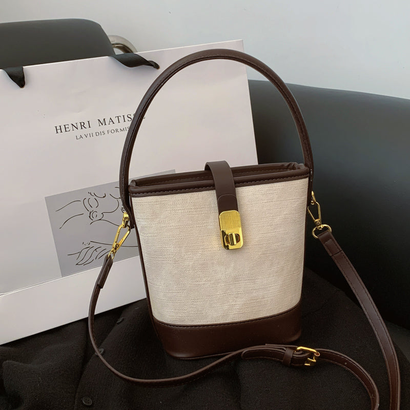 Elegant solid color faux leather bucket bag with adjustable shoulder strap - Women's multifunctional crossbody handbag, lightweight with zipper closure-8802