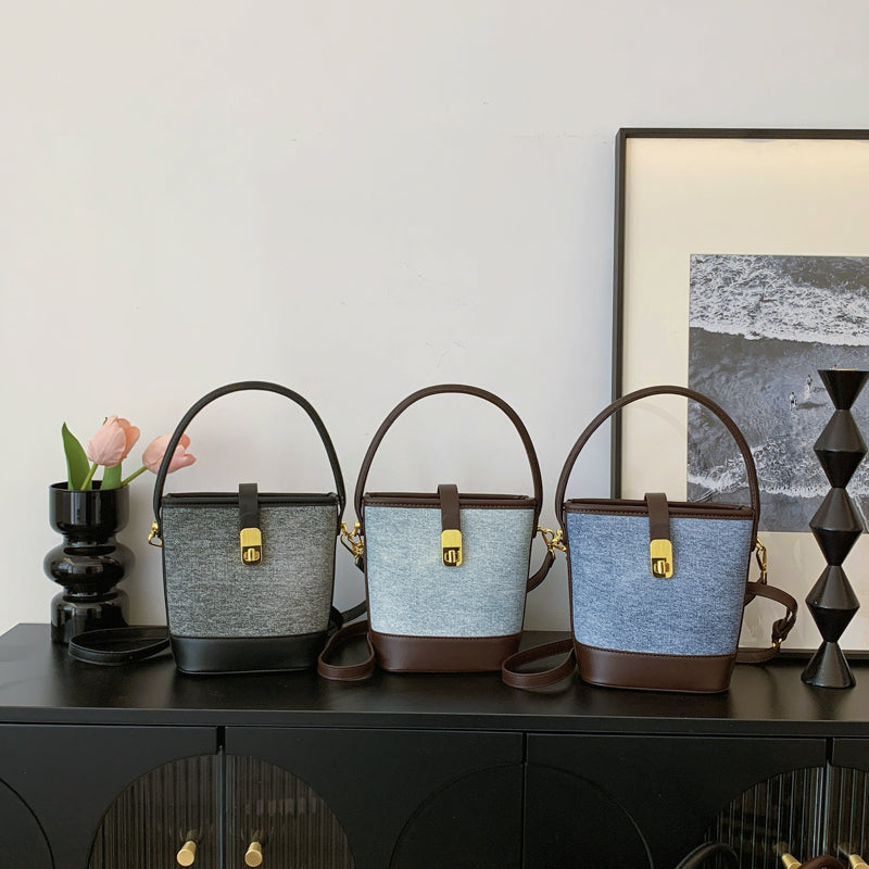 Elegant solid color faux leather bucket bag with adjustable shoulder strap - Women's multifunctional crossbody handbag, lightweight with zipper closure-8802