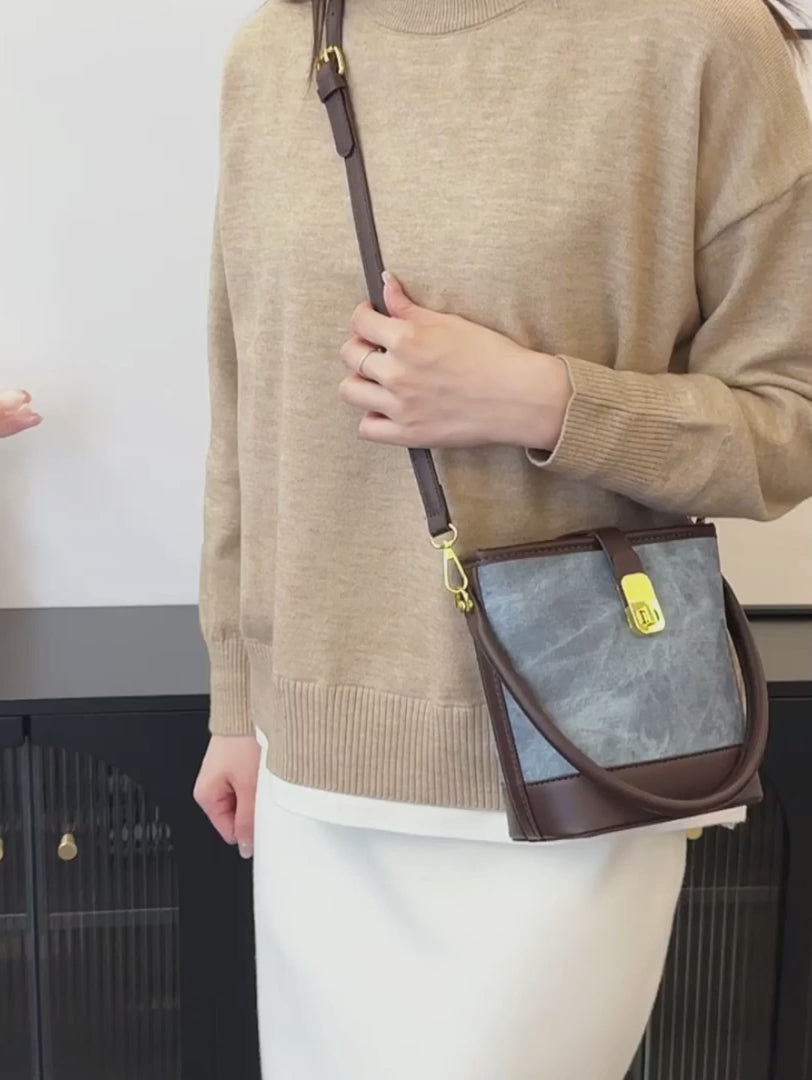 Elegant solid color faux leather bucket bag with adjustable shoulder strap - Women's multifunctional crossbody handbag, lightweight with zipper closure-8802